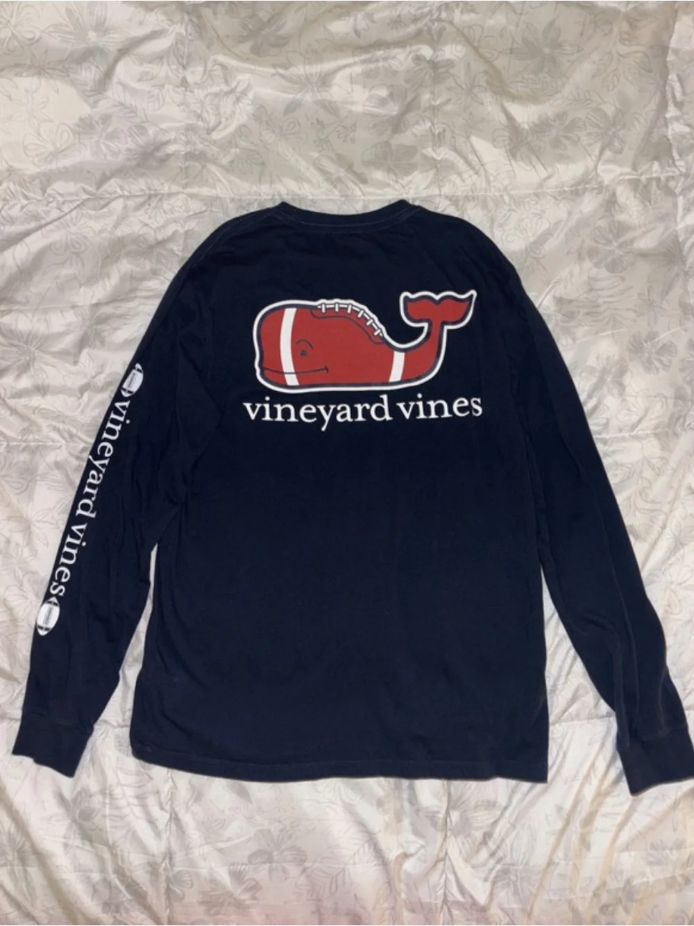Vineyard Vines Navy Long Sleeve Tee with Football Whale Graphic